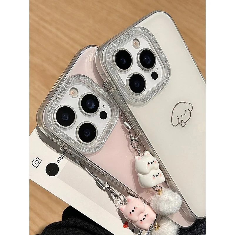 韩系简约可爱猫咪狗狗带挂件适用16promax手机壳iPhone15新款防摔