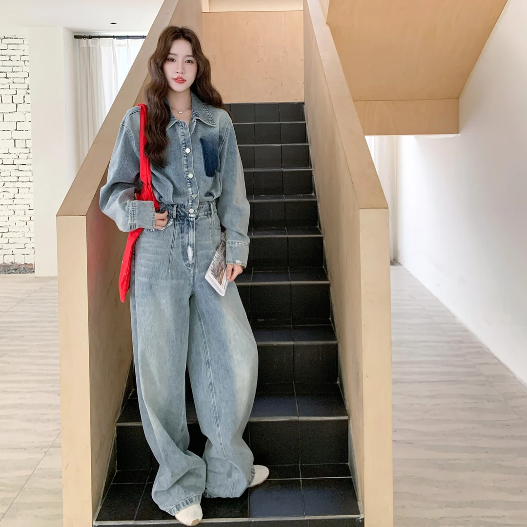 水洗做旧设计感牛仔连体裤女2025秋装新款松弛感休闲韩版拖地长裤