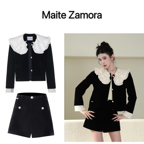 MaiteZamora设计师品牌波浪珍珠大翻领一眼心动丝绒套装