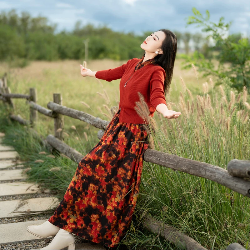 {大姚专属}·阿震{半身裙-醉红颜}春季新款复古风印花裙半身长裙大