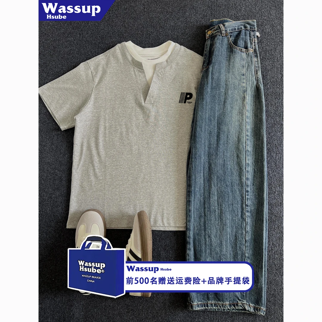 WASSUP HSUBE美式复古假两件撞色短袖T恤男夏季慵懒风宽松上衣女