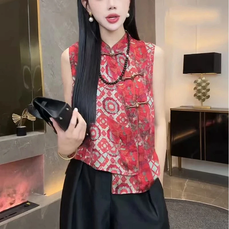 国风新中式无袖百搭上衣女装2025夏季新款气质衬衣国风立领马甲