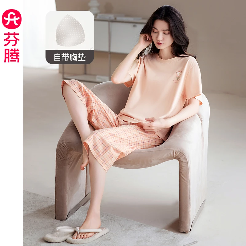 芬腾睡衣女款夏季纯棉带胸短袖七分裤套装休闲大码女士全棉家居服