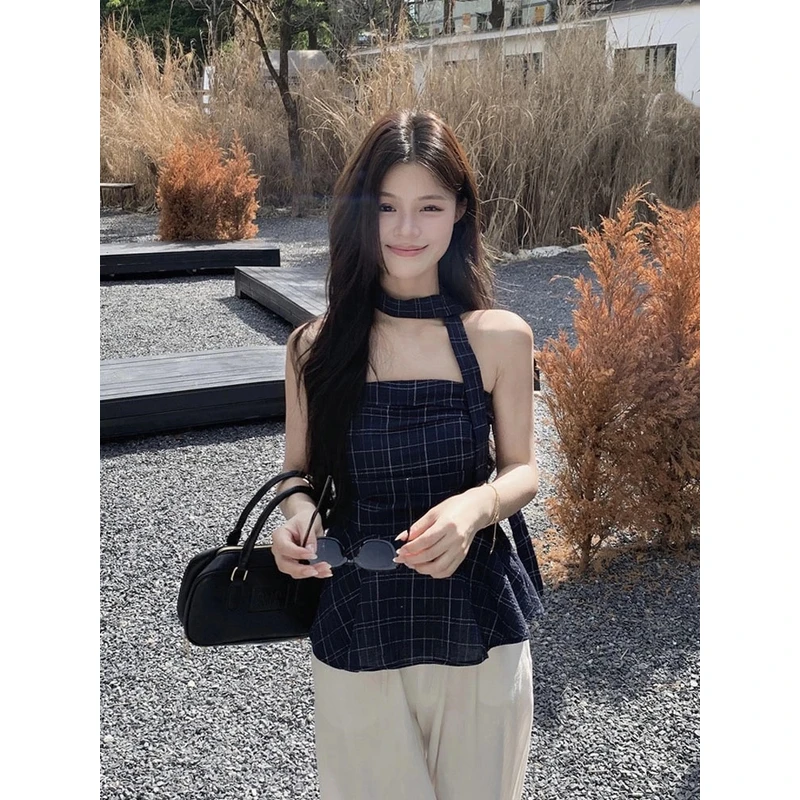 韩版辣妹格子抹胸背心女2025夏季设计感修身显瘦短款露肩蓬蓬上衣
