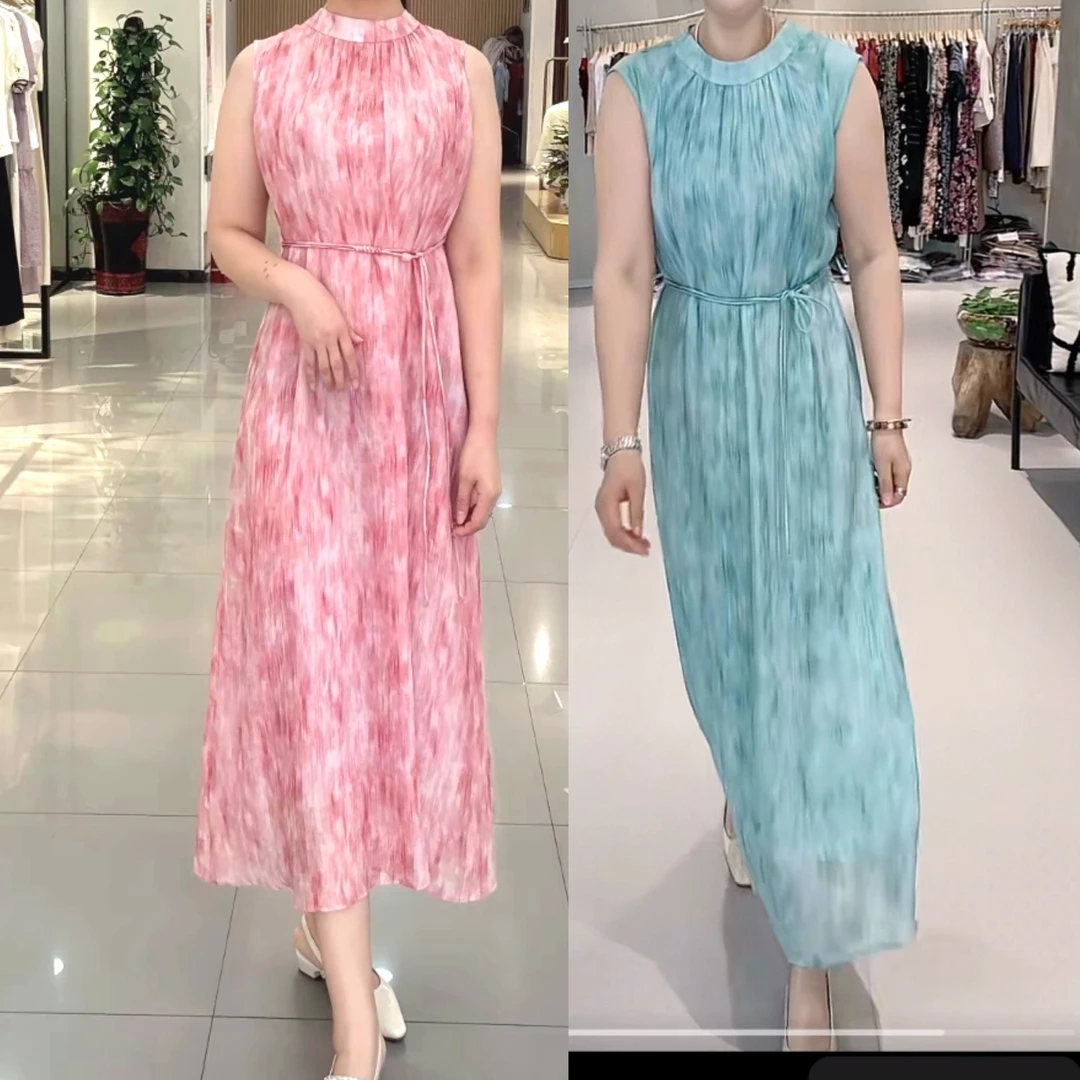 商场同款122时尚高级感显瘦长款印花无袖连衣裙设计师天丝连衣裙