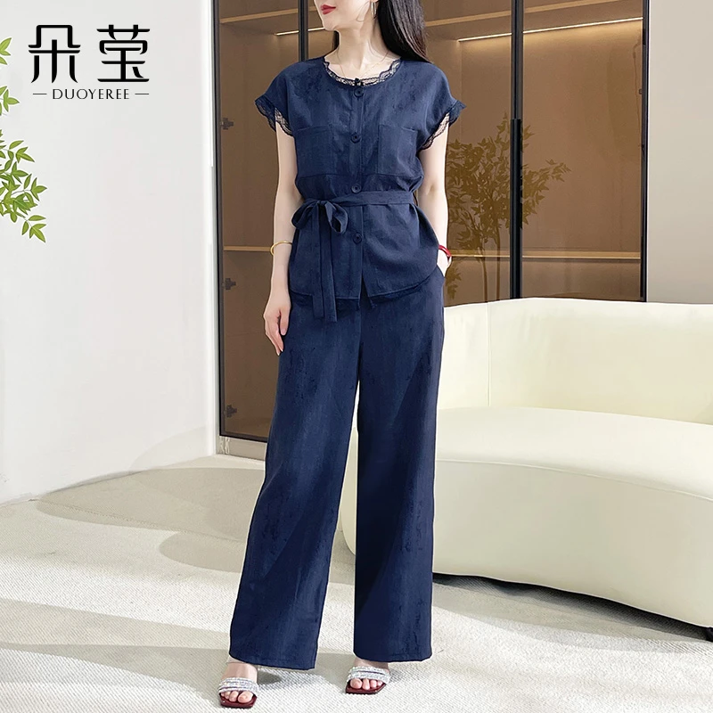 2025夏季新款时尚气质显瘦蕾丝花边拼接上衣阔腿裤休闲两件套装女