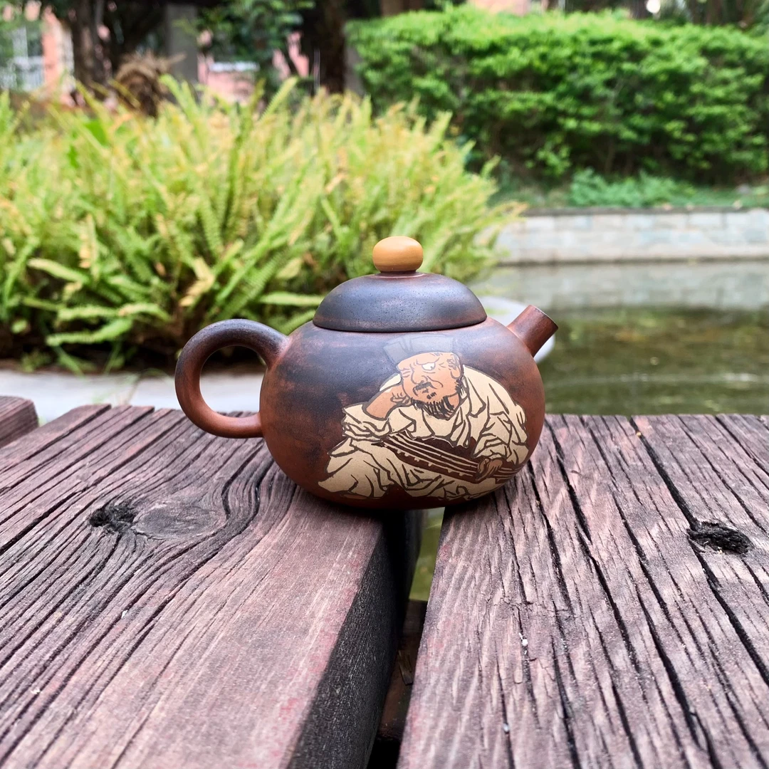 云南建水紫陶茶壶难得清闲人物彩填壶手磨陶瓷壶渐变色功夫茶壶