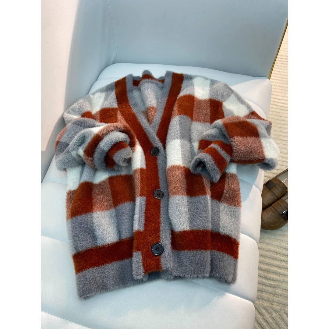 花花/3839-毛茸茸高级感条纹毛衣针织打底开衫