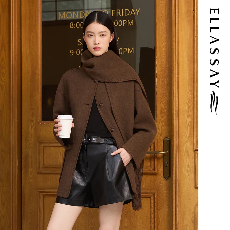 ELLASSAY歌力思2025秋冬新款绵羊毛配围巾毛呢大衣女E364D00900