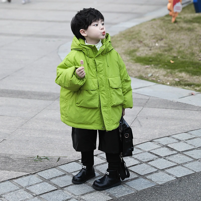 【现货】Jimmy妈童品 青苹果冬季儿童绿色大口袋中长款棉衣棉服外套