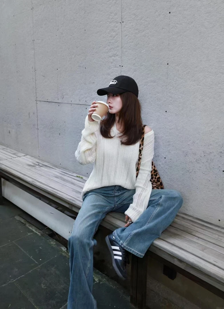 早秋新款韩系通勤慵懒风显瘦针织上衣休闲百搭牛仔裤洋气衣服女
