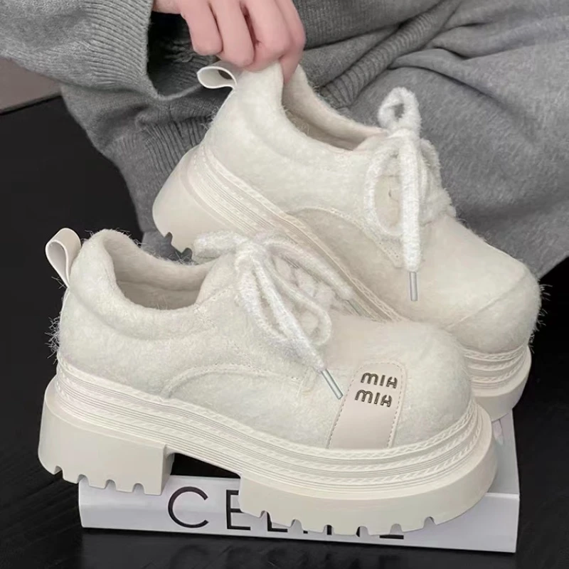 欧货金丝绒大头系带松糕厚底乐福鞋女百搭小个子增高休闲毛毛女鞋