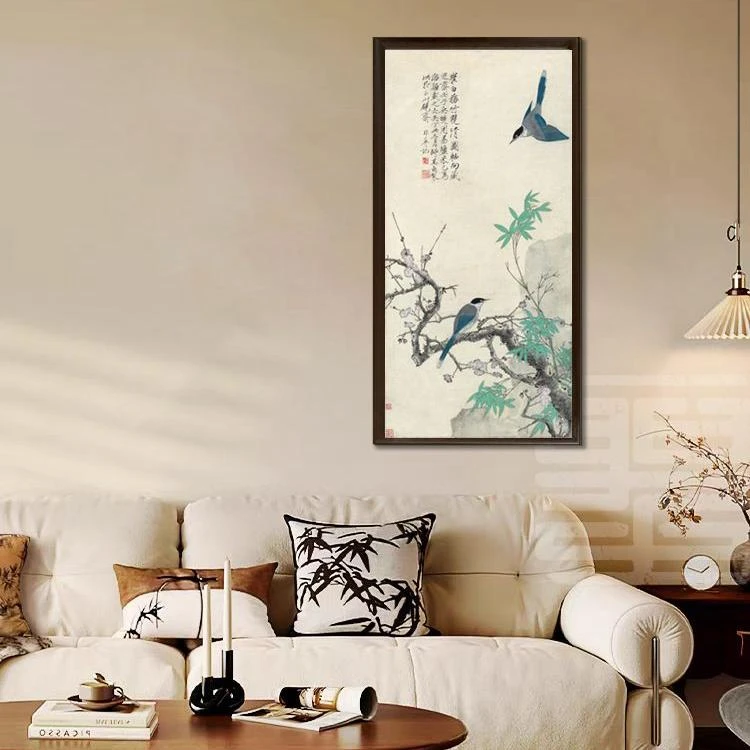 官刻《崔白双喜图》60*120中式实木框装饰框画适合玄关书房茶室客厅