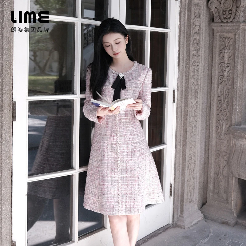 朗姿/莱茵甜美小圆领黑色蝴蝶结领口连衣裙淡粉色LDGD8BCOP901