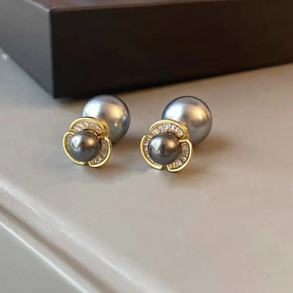 铜合金仿珍珠耳饰 1955铜合金高级感满锆极光灰贝珠两戴耳环