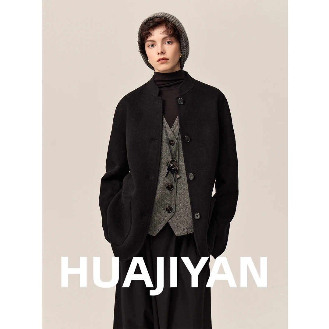 华吉言/HUAJIYAN 【晚安】超轻山羊绒双面尼百搭舒适光泽感毛呢外套