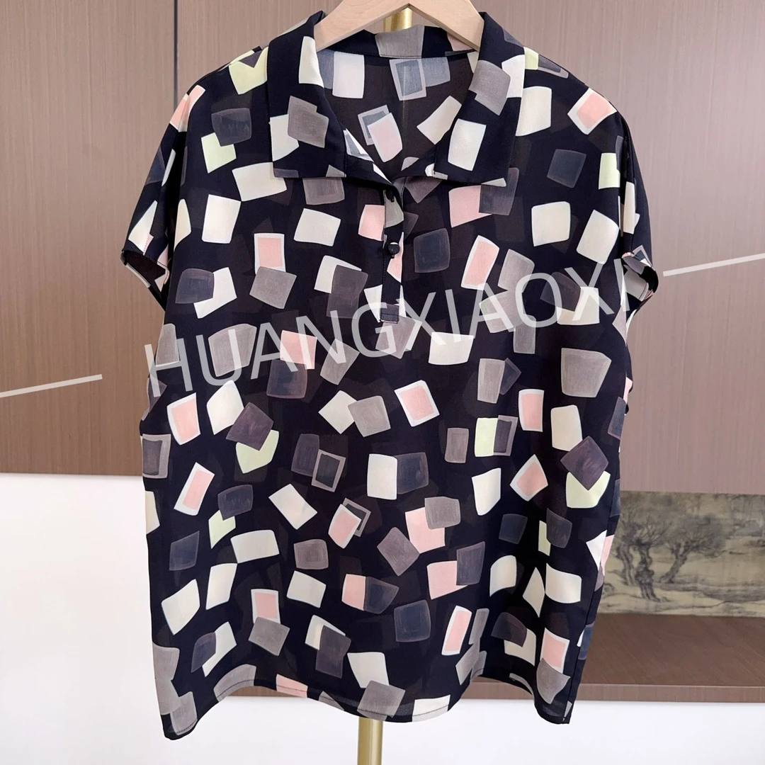 HUANGXIAOXI 清爽奶油小方块黑底翻领小衫 HXX-088