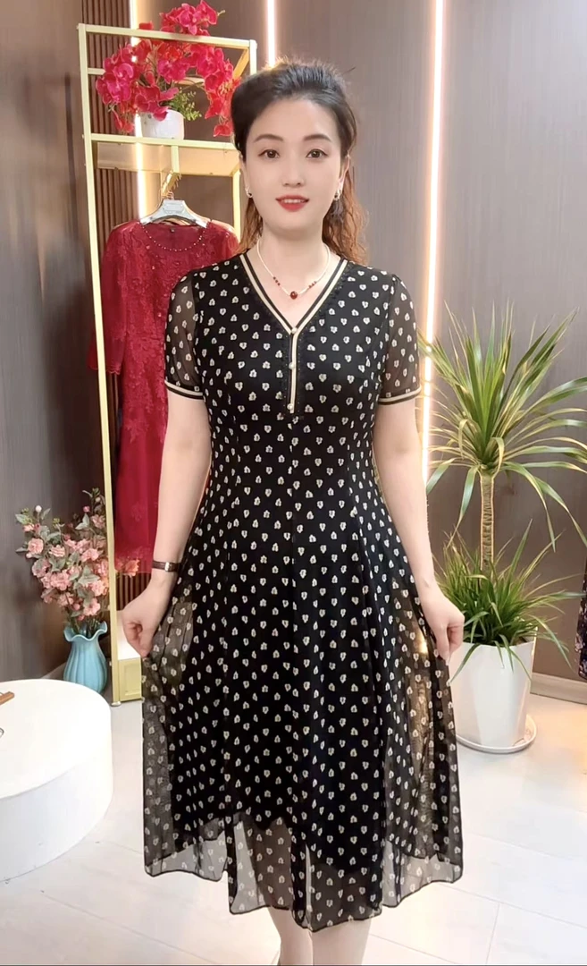 7190夏季新款时尚波点短袖透气台湾纱连衣裙高腰塑形显瘦中长裙