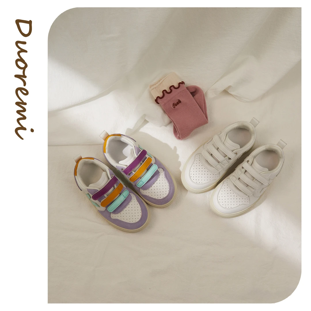 Duoremi童鞋BR2510儿童板鞋魔术贴牛皮小白鞋女童亲子男孩学生鞋