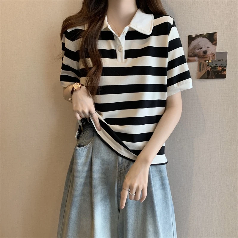 短袖女款爆款2025新款独特漂亮小衫polo领黑白条纹短袖T恤女上衣