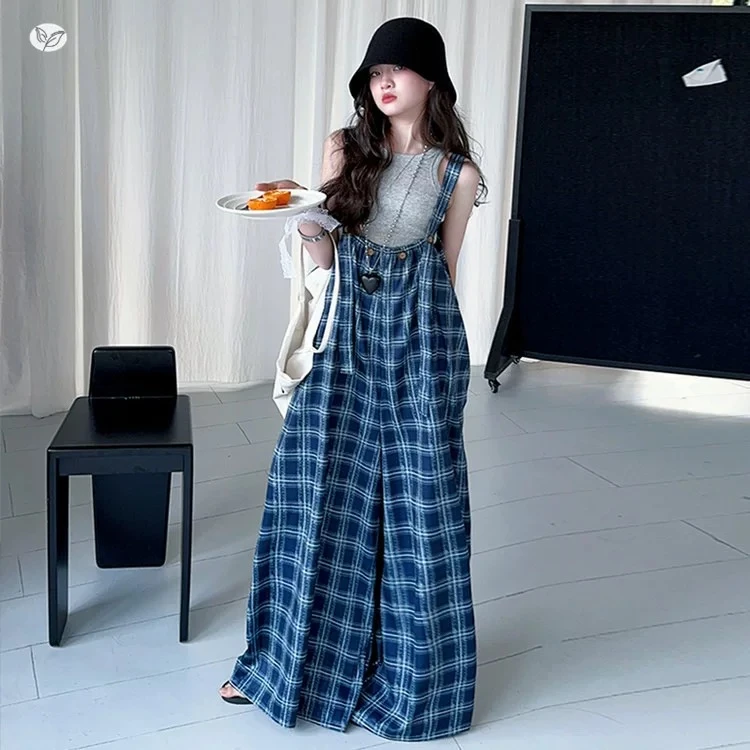 女童背带裤套装2025夏季新款休闲背心阔腿格子裤两件套中大童洋气