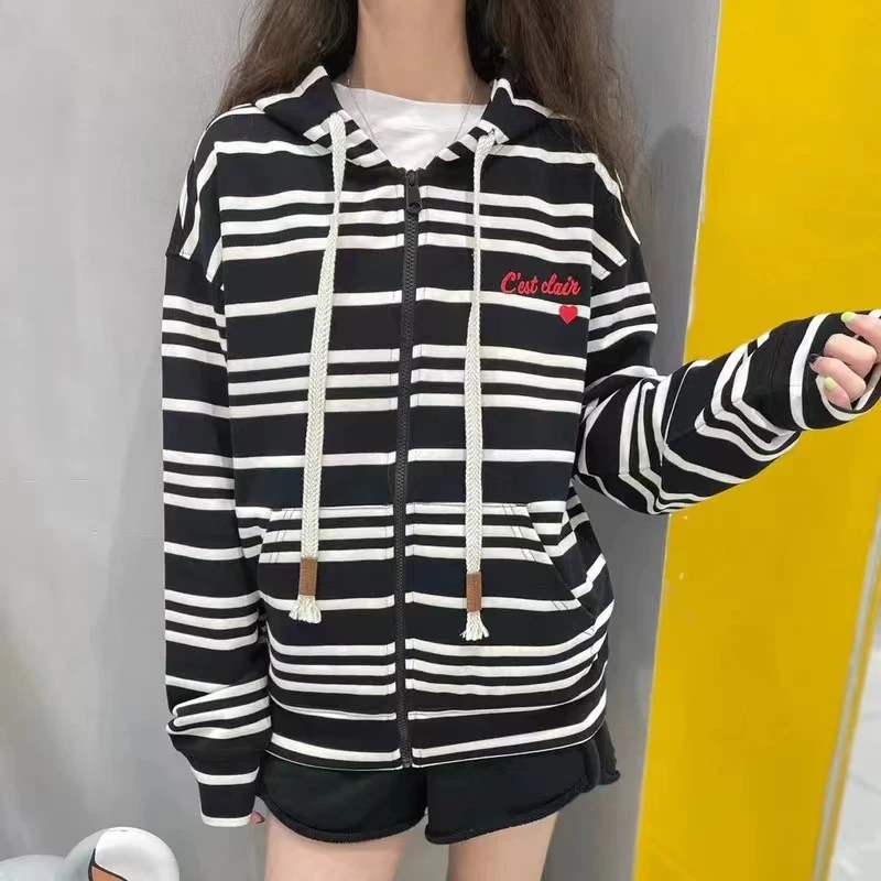 H320 黑条纹连帽卫衣外套