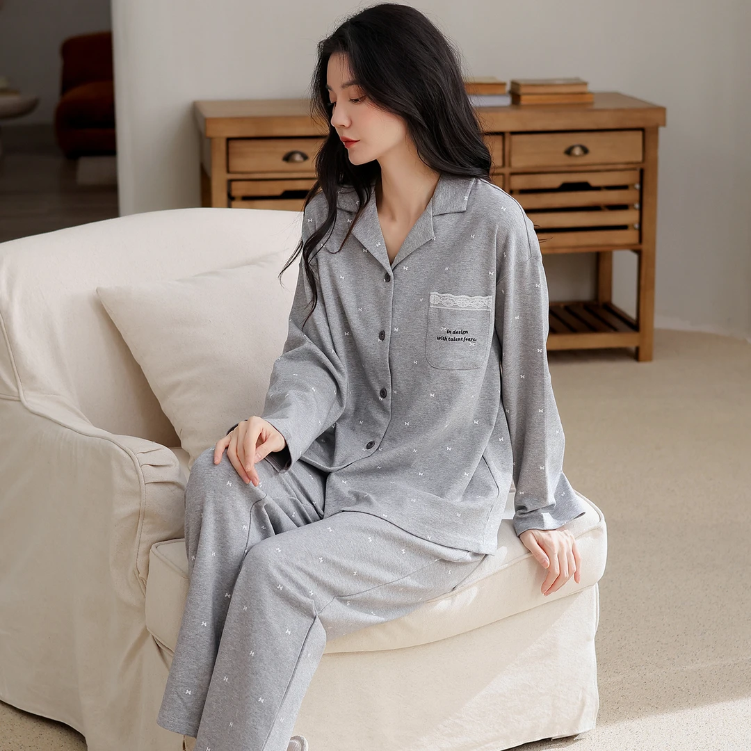 睡衣女2025新款长袖纯棉秋冬季波点可外穿女款家居服休闲77952