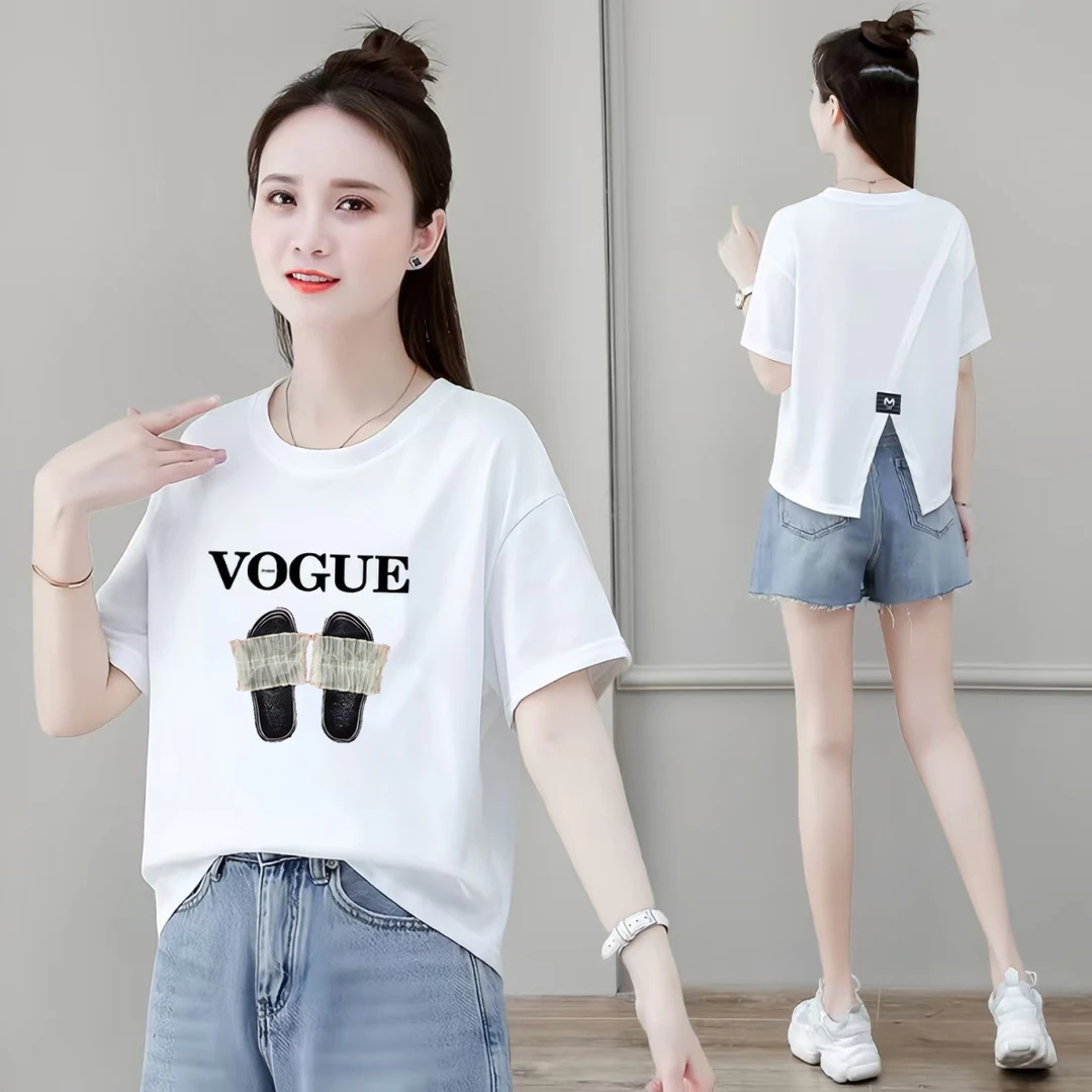 夏季新款时尚圆领后背开叉短袖T恤女百搭设计感洋气显瘦上衣