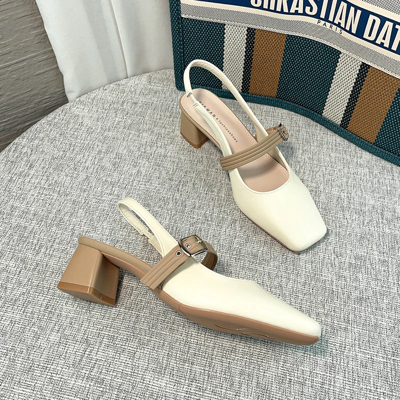 2025夏季新款卡其色方头粗跟高跟凉鞋女仙女风包头黑色玛丽珍单鞋