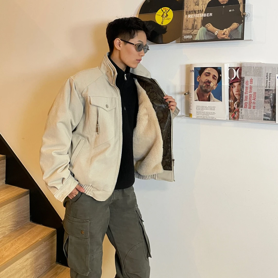 【新年福利】蛇纹拼接座山雕男款冬季美式底特律夹克立领棉衣外套