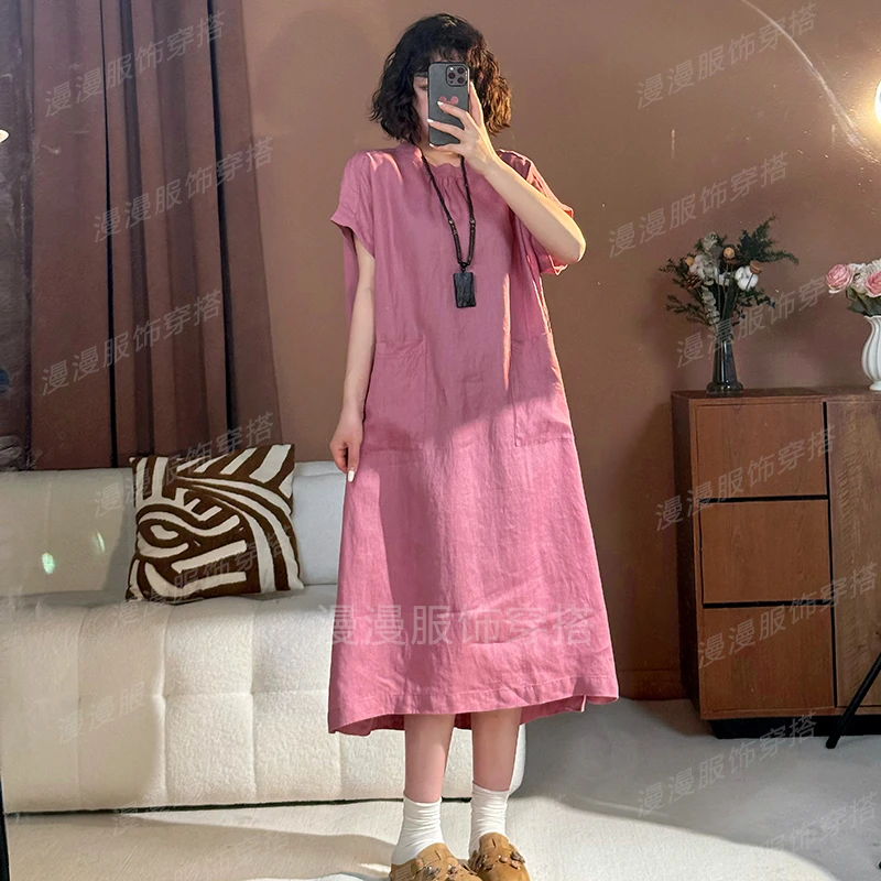 漫漫家【莫奈花园】100%亚麻非遗服饰文艺复古圆领宽松大码连衣裙女