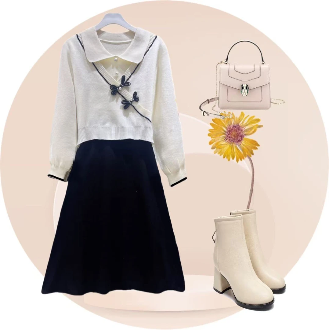 【编码388】运动休闲假两件小蝴蝶结红色2025女款爆款毛衣女秋冬裙