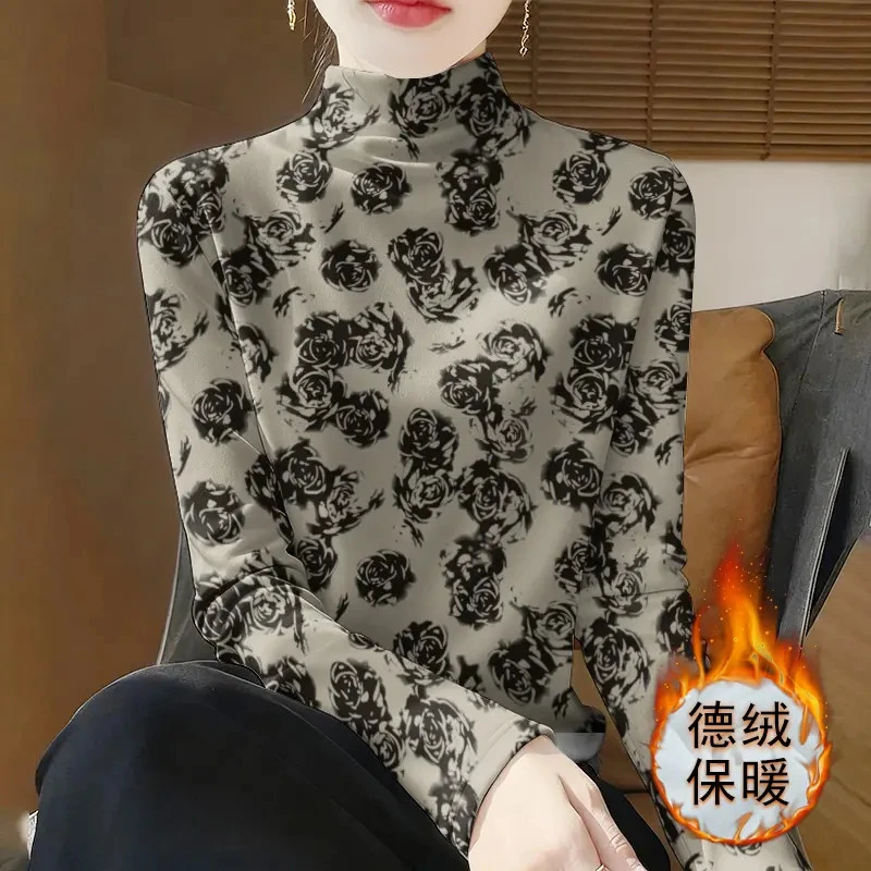 秋冬新款德绒保暖打底衫女百搭修身显瘦半高领长袖T恤女内搭上衣