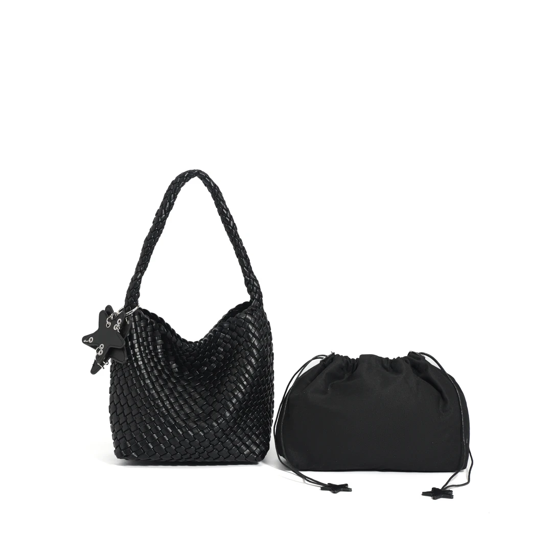 【高端定制】新款编织牛皮托特包大容量手提单肩水桶包GF-2697 黑