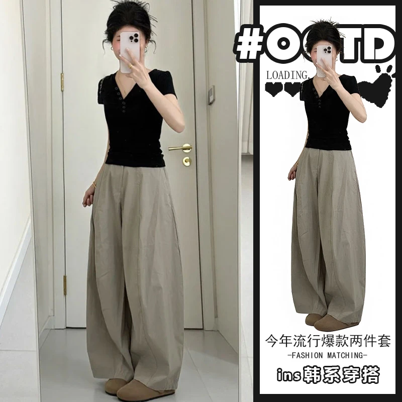 美式别致显气质套装女2025新款纯欲辣妹修身显瘦上衣阔腿拖地裤潮