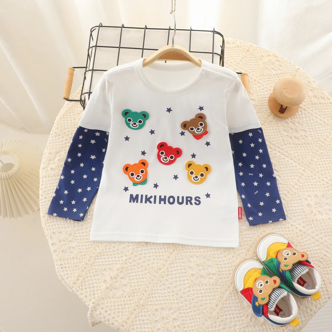 宝宝四季款贴布刺绣五熊五兔假两件T恤