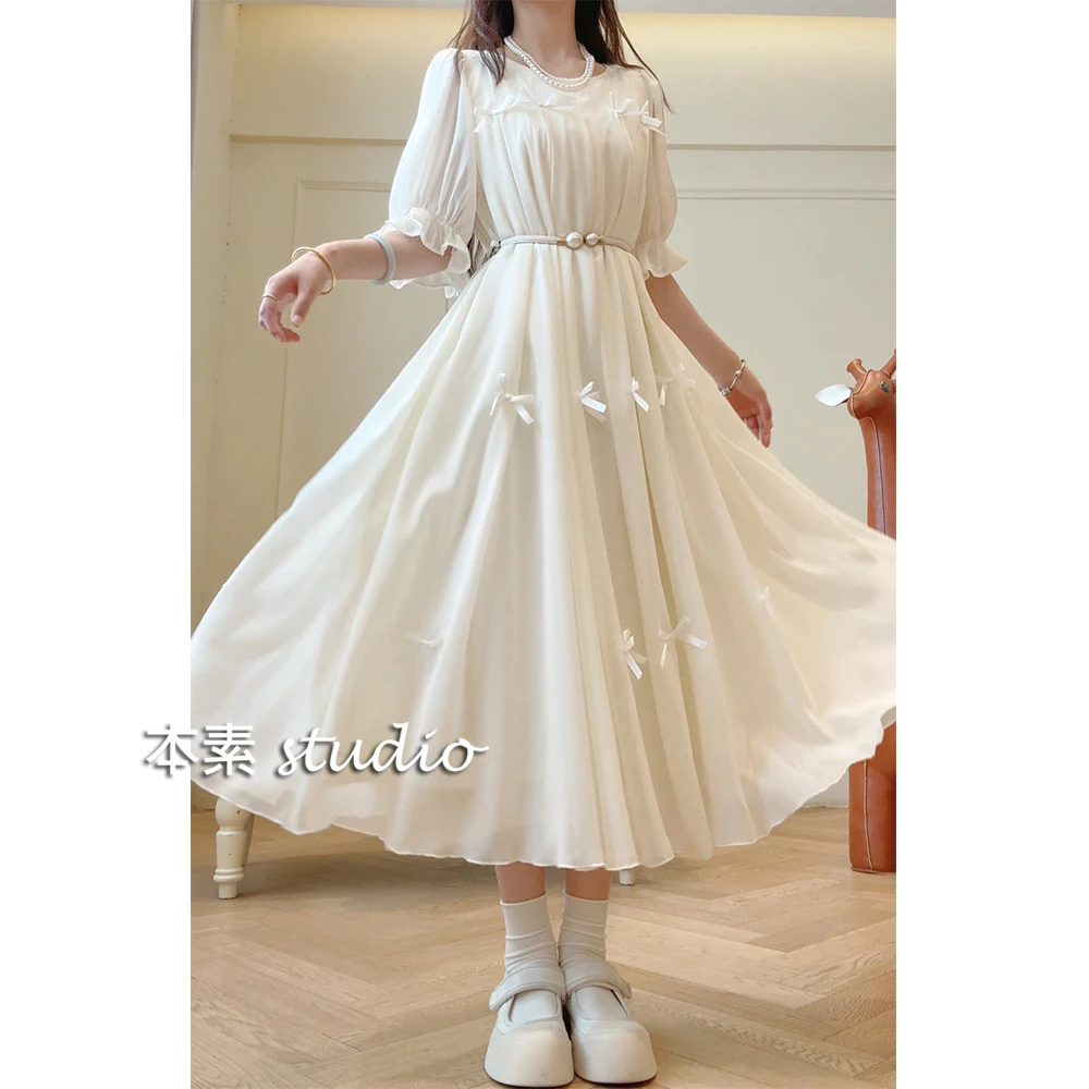 午茶小调MNY2570蝴蝶结圆领短袖连衣裙