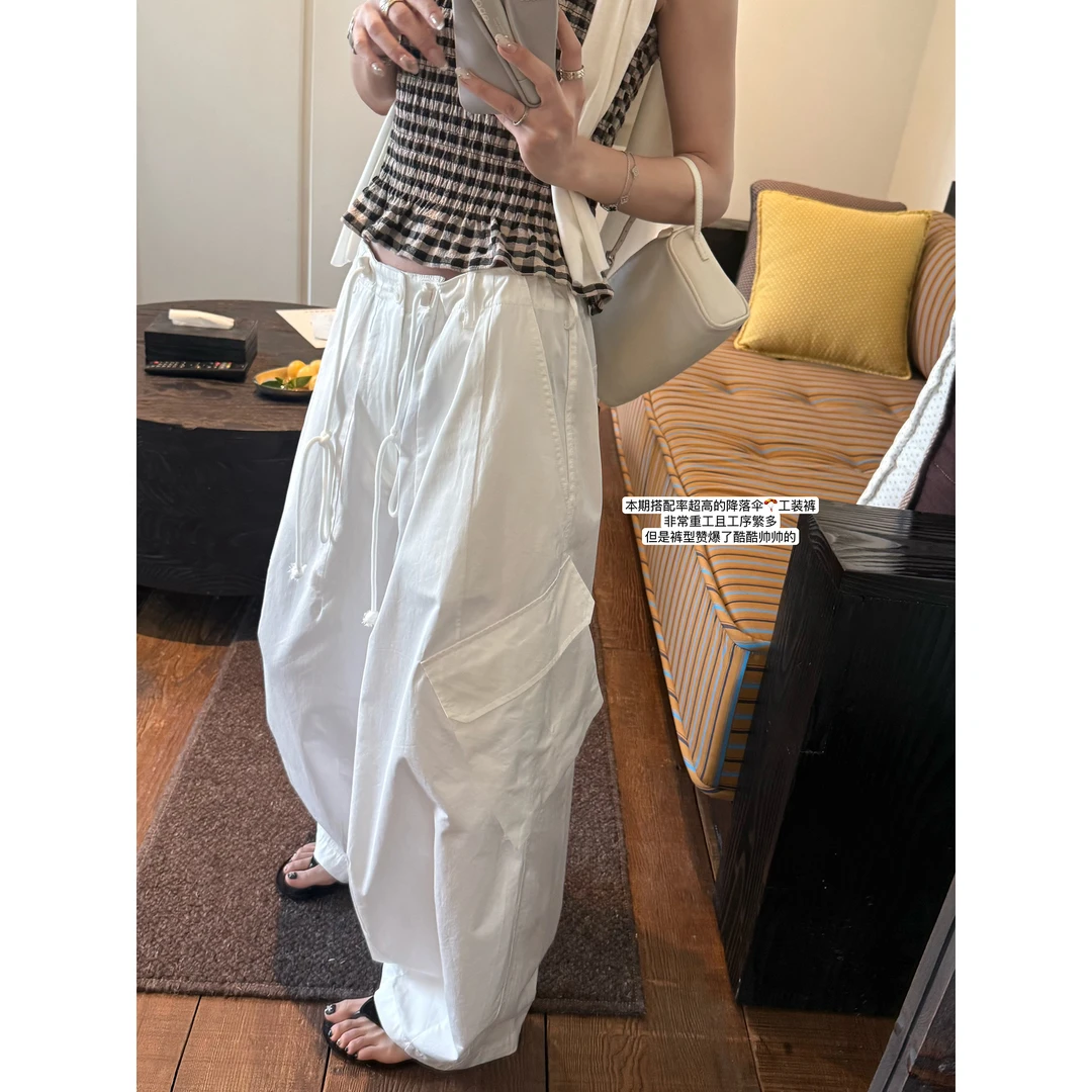 VUMP超酷降落伞兵工装裤重工全棉斜口袋抽绳宽松长裤女夏季休闲裤