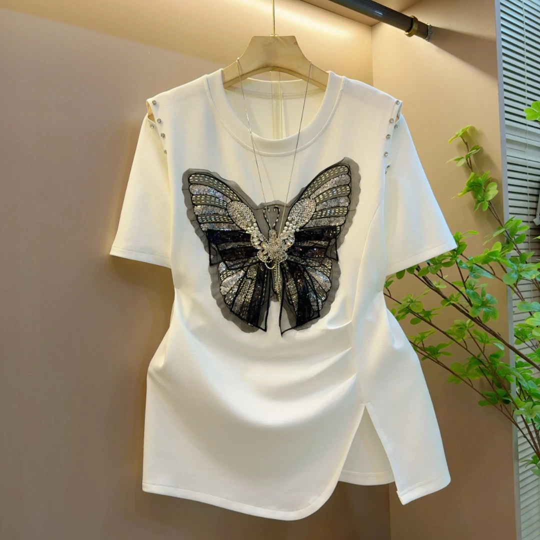 夏季设计感蝴蝶钻石款时尚百搭收腰显瘦短袖上衣（衣长65左右）