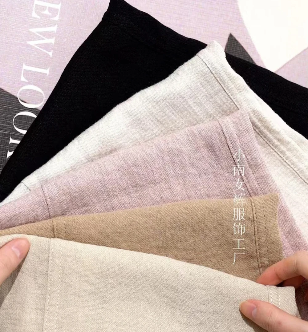 2025夏季亚麻裤女抗皱显瘦高腰透气窄版直筒阔腿裤休闲裤