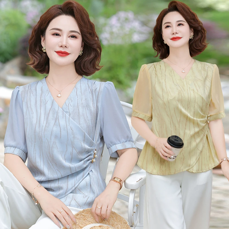 母亲节时尚妈妈装小衫套装2025夏季收腰衬衣镂空拼接气质短袖百搭