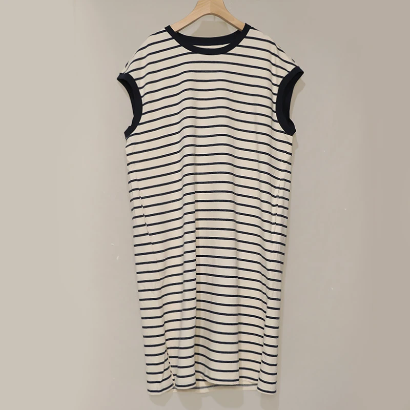 慵懒风无袖条纹背心裙显瘦百搭圆领宽松休闲舒适中长款连衣裙