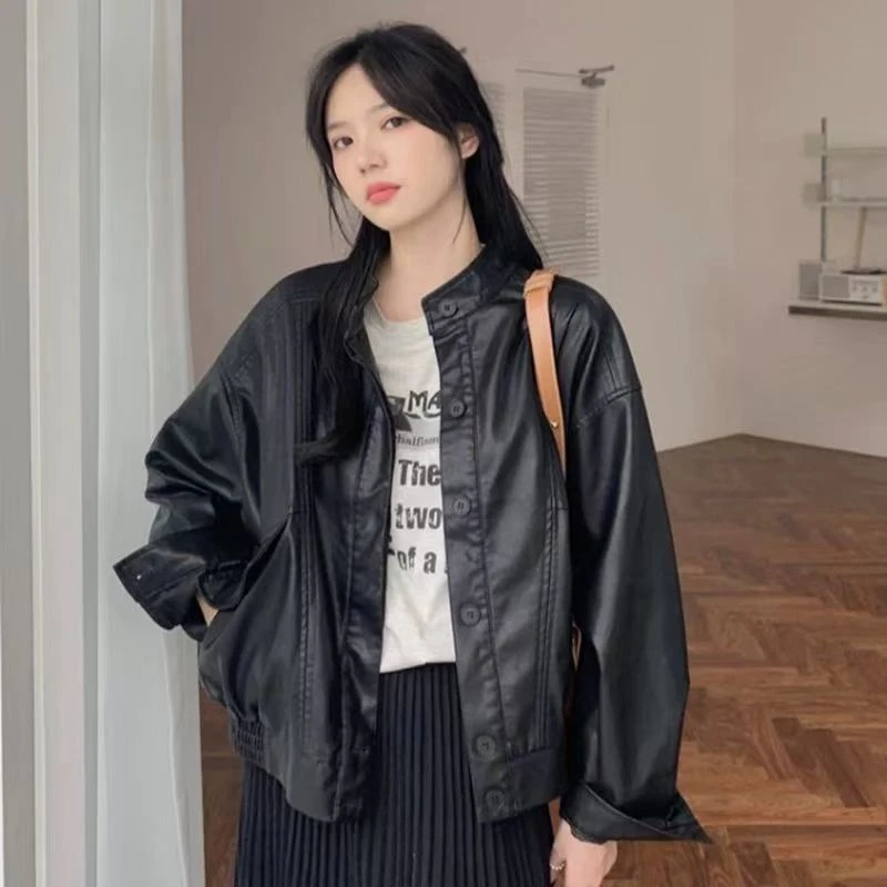 早春新款韩版宽松显瘦百搭短款皮衣外套女设计感小众夹克上衣