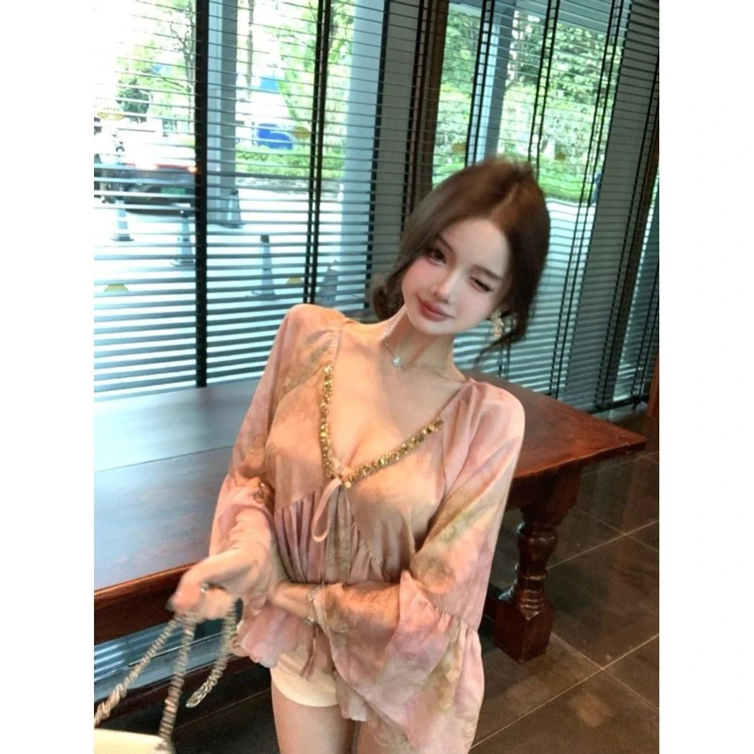 纯欲风V领长袖雪纺衫女装春季新款法式衬衣设计感不规则气质上衣