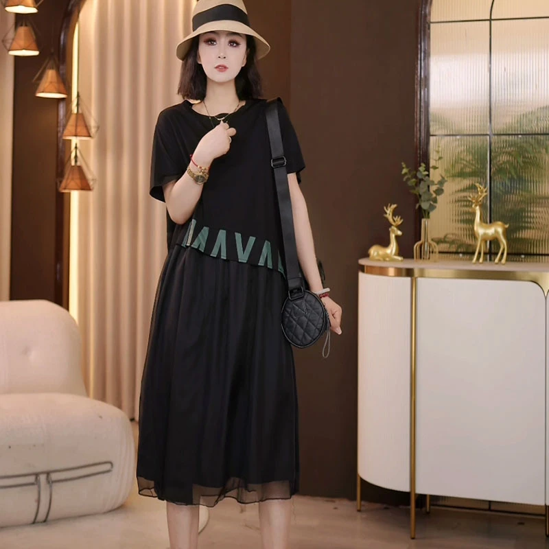 8975夏季新款韩版2025宽松休闲短袖圆领拼色字母连衣裙女