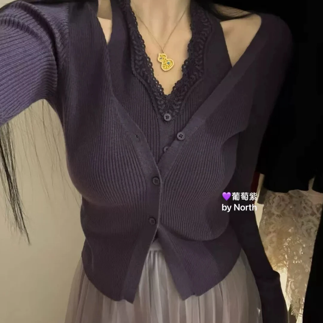 V领蕾丝挂脖假两件针织衫韩版收腰显瘦衬衫（2099）
