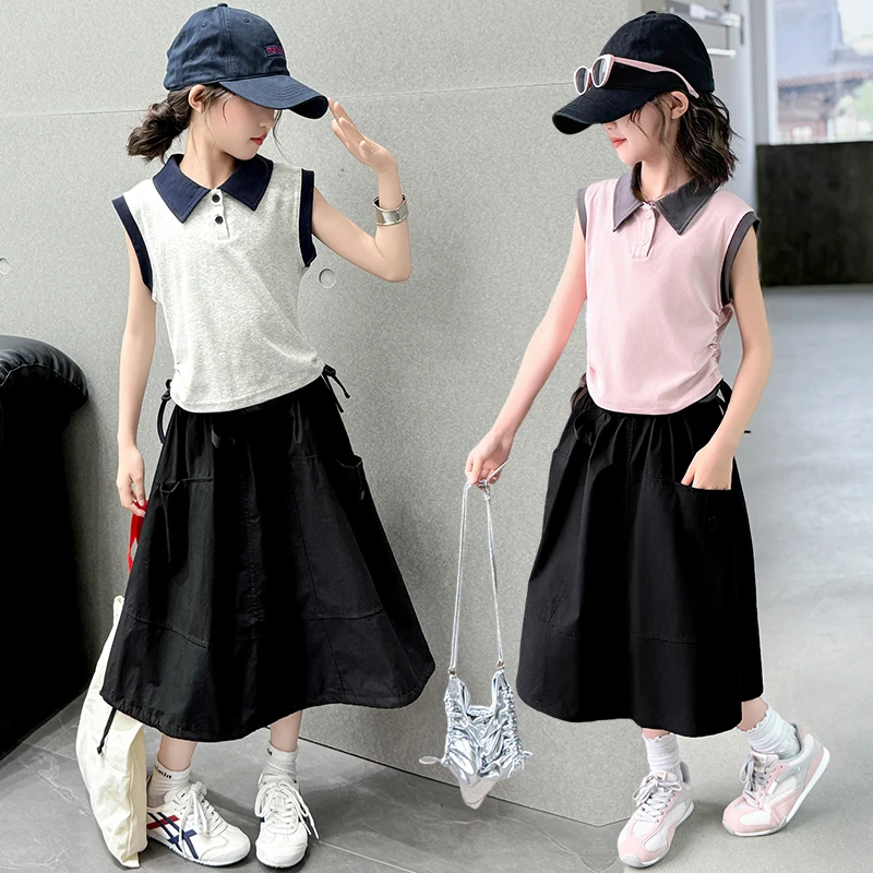 女童套装夏季2025新款小女孩POLO衫体恤背心夏天半身裙休闲两件套