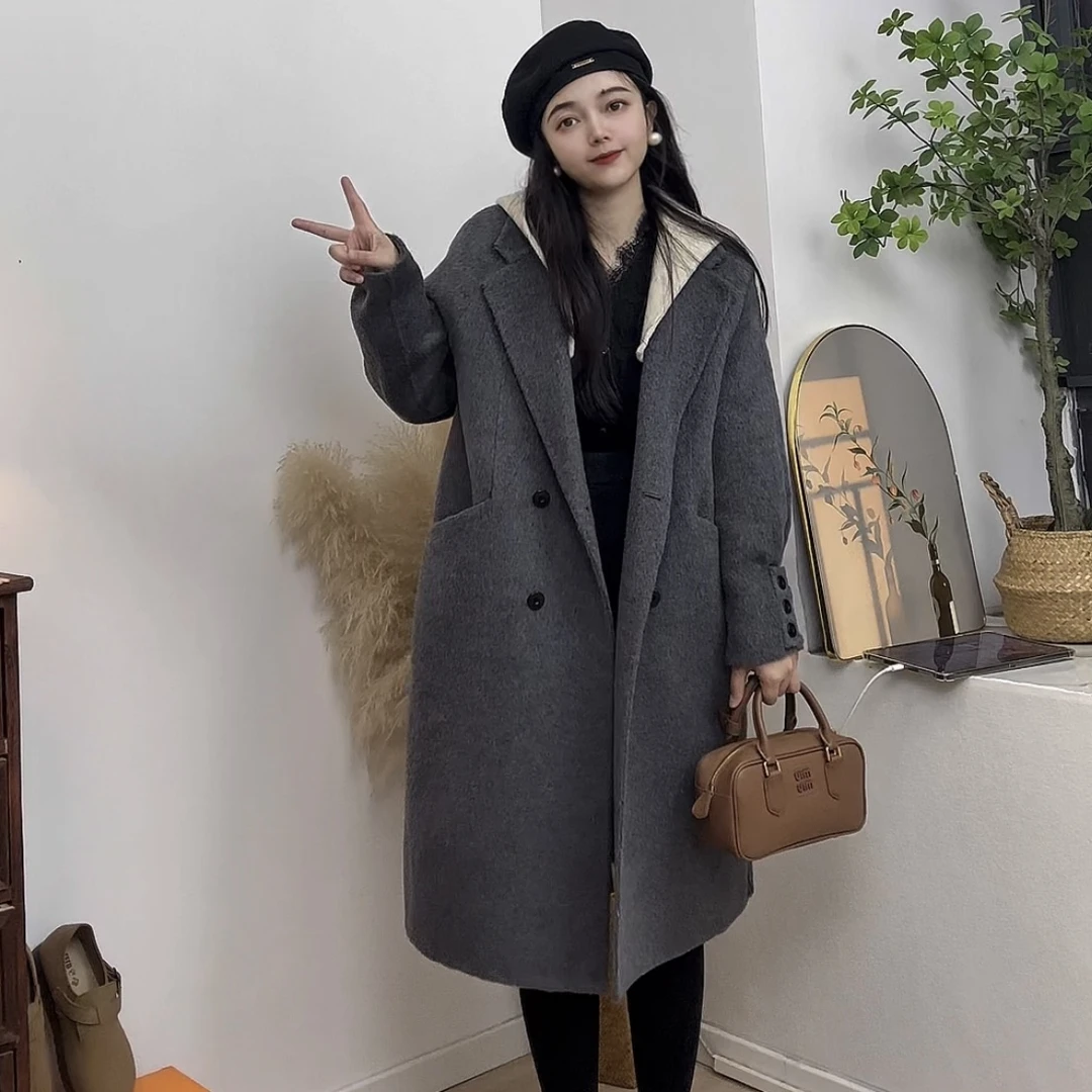 2025年新款小个子版连帽中长款秋冬冬季气质毛呢外套呢子加厚时尚