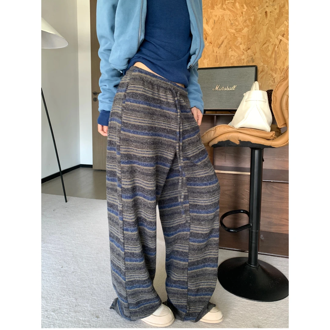 2025 A/W SEP.撞色条纹阔腿加厚休闲毛绒裤5369