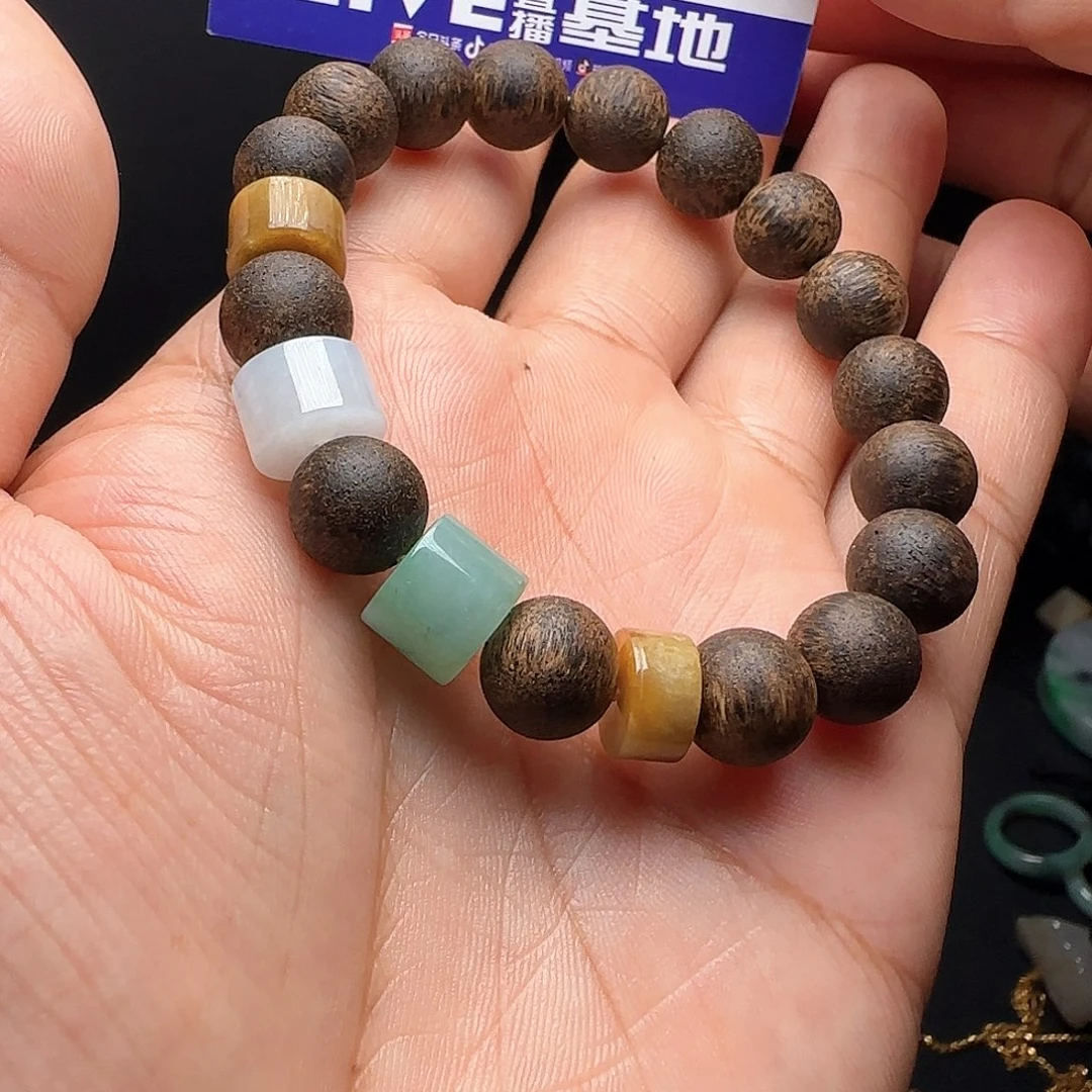 定制翡翠未镶嵌黄加绿桶珠手串卡10+不退不换